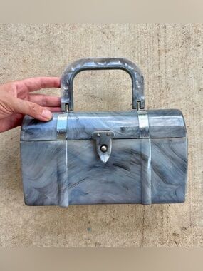 Vintage 50s Gray Celluloid Retro Marbled Swirl Plastic Lunch Box Style Purse
